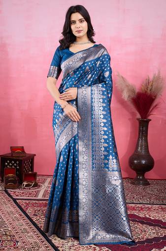 blue zari woven saree with motifs pallu