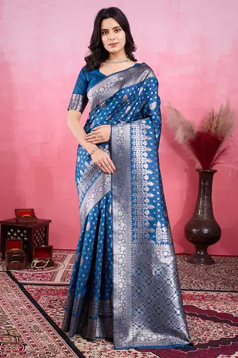 blue zari woven saree with motifs pallu