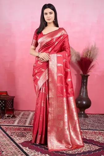 red zari woven all over motifs saree