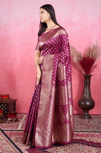 magenta zari weaving motifs saree with woven pallu