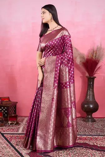 magenta zari weaving motifs saree with woven pallu