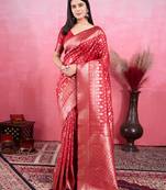 red zari woven saree with motifs pallu