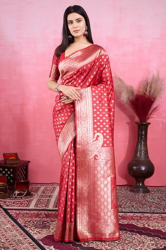 red zari weaving motifs saree with woven pallu