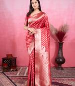 red zari weaving motifs saree with woven pallu