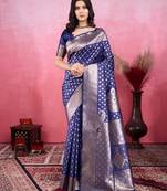 navy blue zari weaving motifs saree with woven pallu
