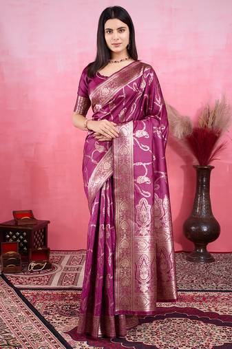 magenta zari woven saree with blouse