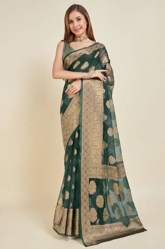 green soft organza intricate zari weaving saree