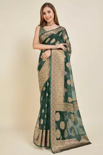 green soft organza intricate zari weaving saree