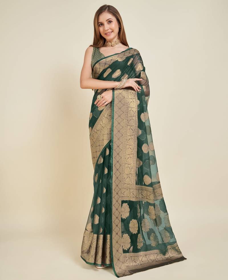 green soft organza intricate zari weaving saree