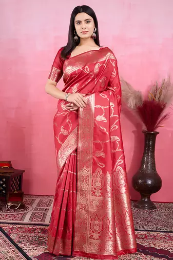 red zari woven saree with blouse