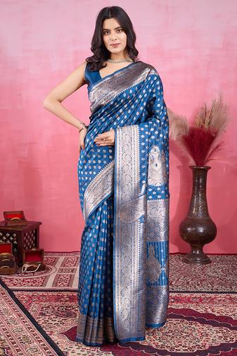 blue zari weaving motifs saree with woven pallu