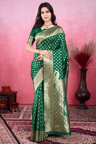 green zari weaving motifs saree with woven pallu