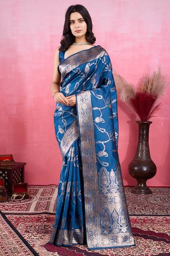 blue zari woven saree with blouse