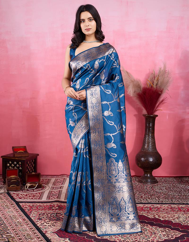 blue zari woven saree with blouse