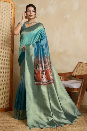 blue soft silk blend saree with blouse