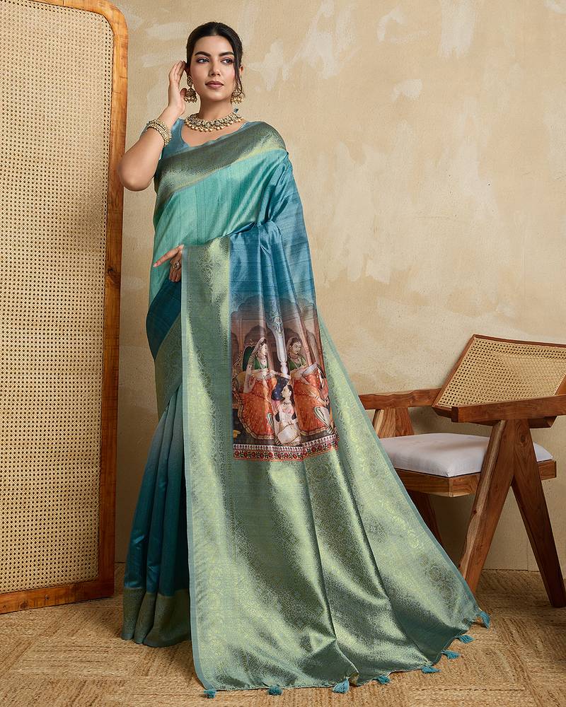 blue soft silk blend saree with blouse
