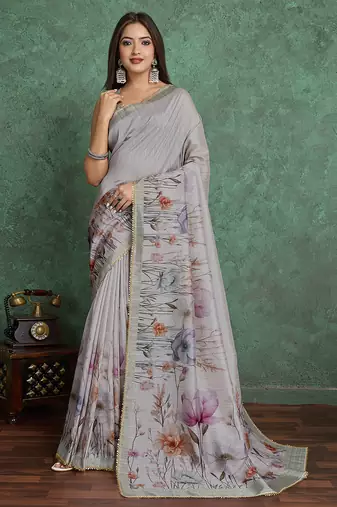 grey viscose digital print saree with rich pallu