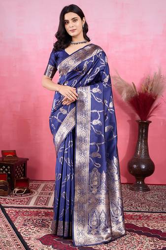 navy blue zari woven saree with blouse