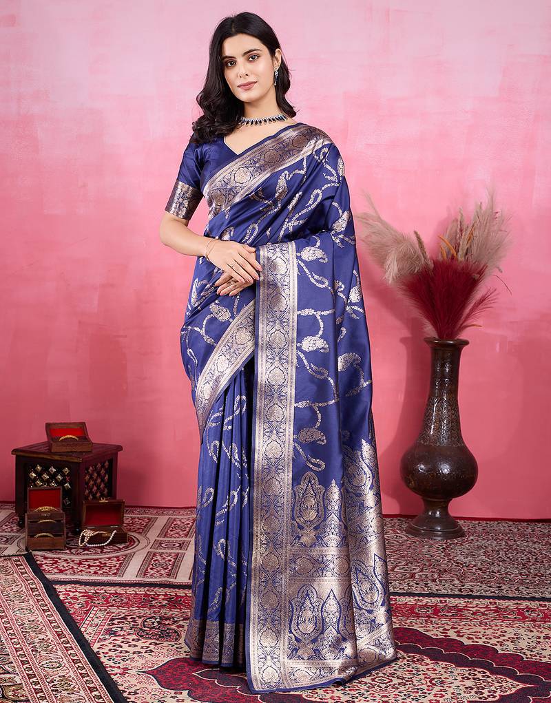 navy blue zari woven saree with blouse