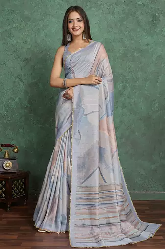 grey viscose digital print saree with rich pallu