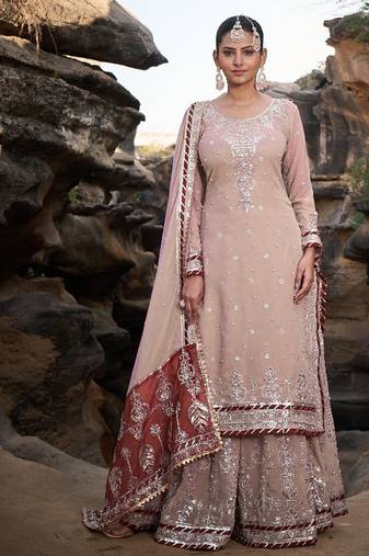 Peach faux georgette embroidery work wedding wear palazzo set
