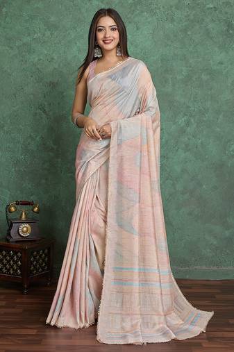 beige viscose digital print saree with rich pallu
