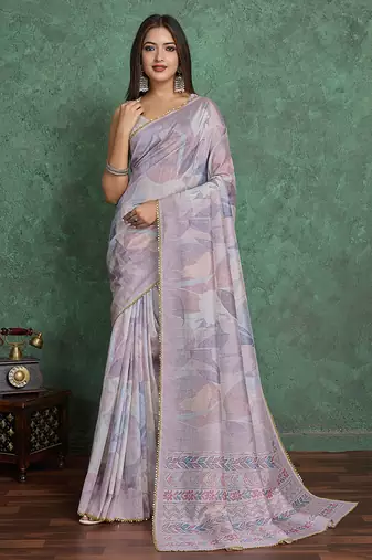 grey viscose digital print saree with rich pallu