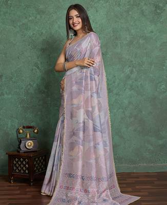 grey viscose digital print saree with rich pallu 2