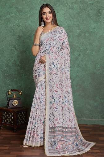 grey viscose digital print saree with rich pallu