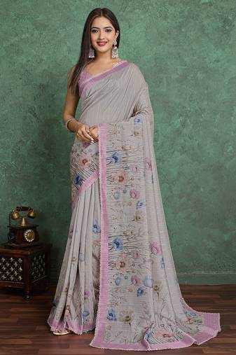 grey viscose digital print saree with rich pallu