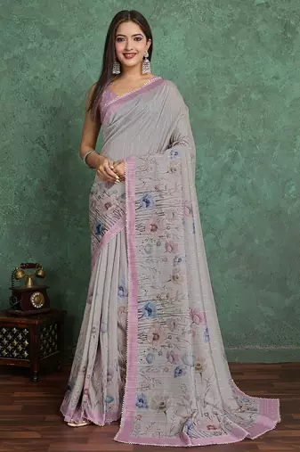 grey viscose digital print saree with rich pallu