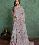 grey viscose digital print saree with rich pallu
