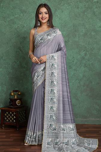 grey viscose digital print saree with rich pallu