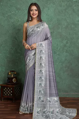 grey viscose digital print saree with rich pallu