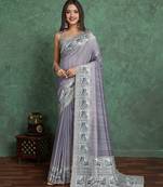 grey viscose digital print saree with rich pallu