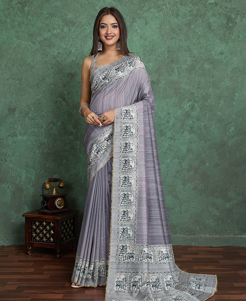 grey viscose digital print saree with rich pallu
