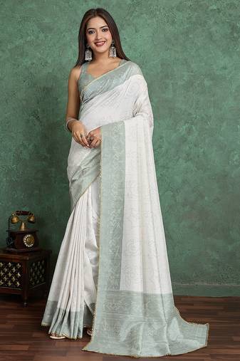 white viscose digital print saree with rich pallu