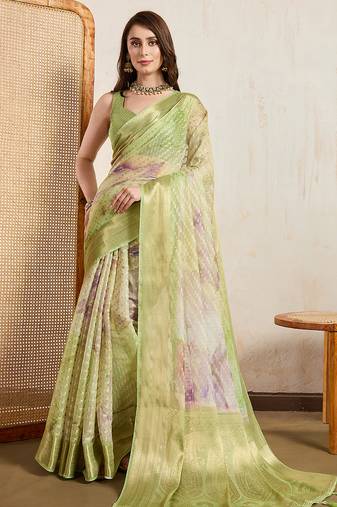 peach viscose digital print saree with rich pallu