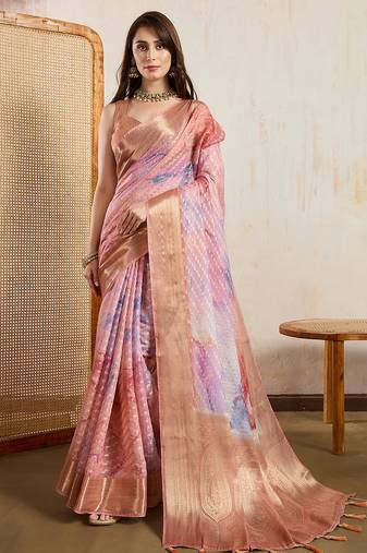 peach viscose digital print saree with rich pallu