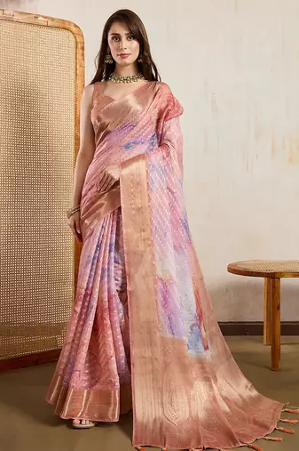peach viscose digital print saree with rich pallu