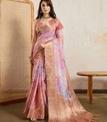 peach viscose digital print saree with rich pallu