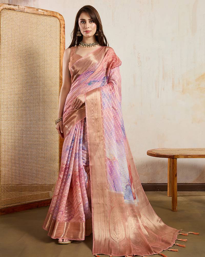 peach viscose digital print saree with rich pallu