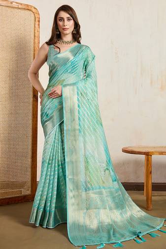 green viscose digital print saree with rich pallu