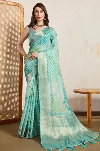 green viscose digital print saree with rich pallu