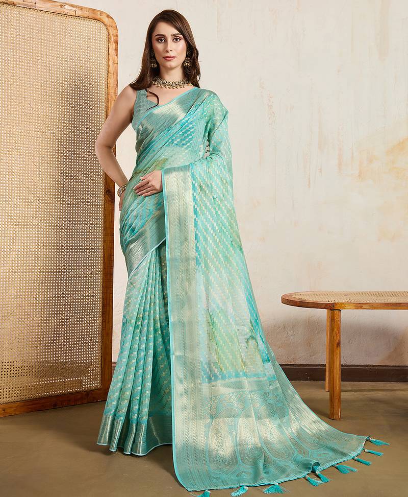 green viscose digital print saree with rich pallu