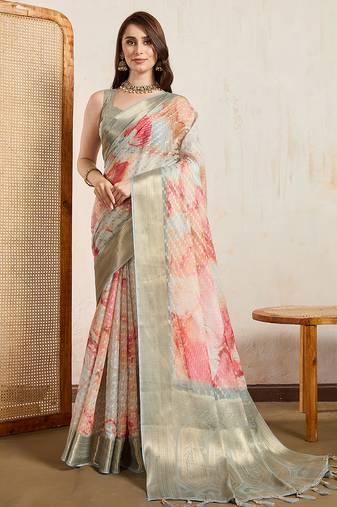 cream viscose digital print saree with rich pallu