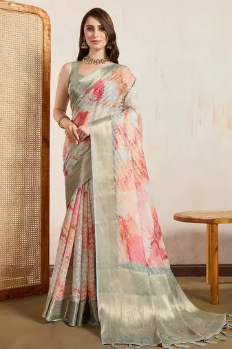 cream viscose digital print saree with rich pallu