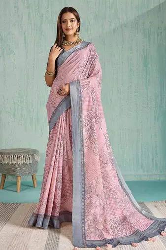 pink floral digital print silk blend saree with tassel