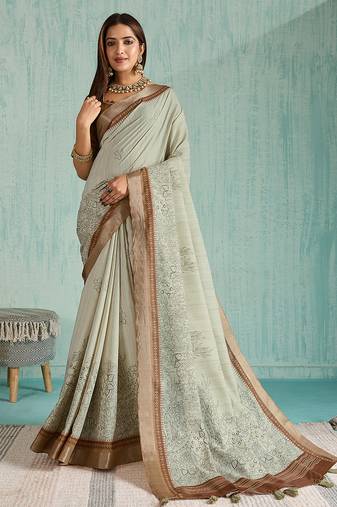 green floral digital print silk blend saree with tassel