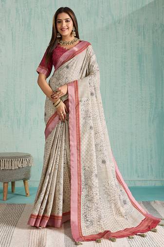 beige floral digital print silk blend saree